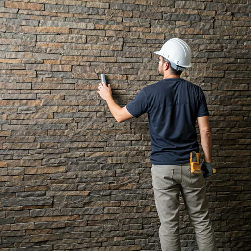 Master builder team member at a stone facade